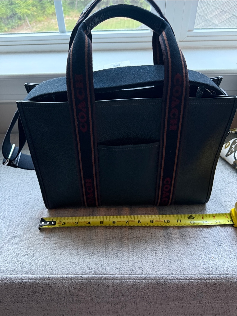 Coach Black Leather Tote with Brown Logo Webbing Handles